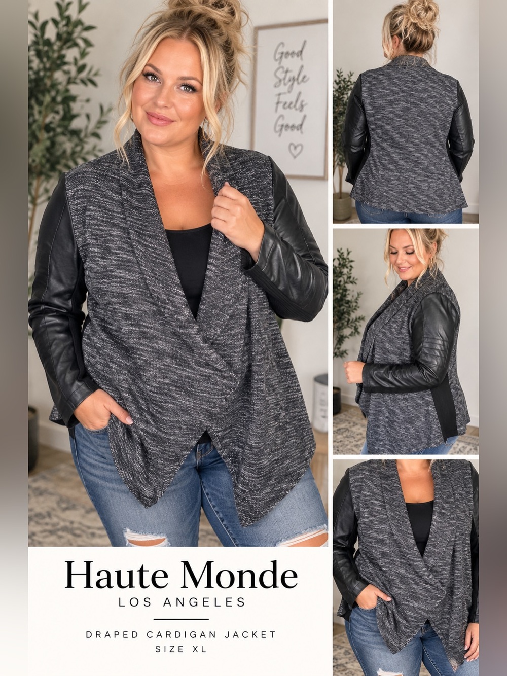 Haute Monde Draped Cardigan Jacket XL Faux Leather Sleeves Black Gray